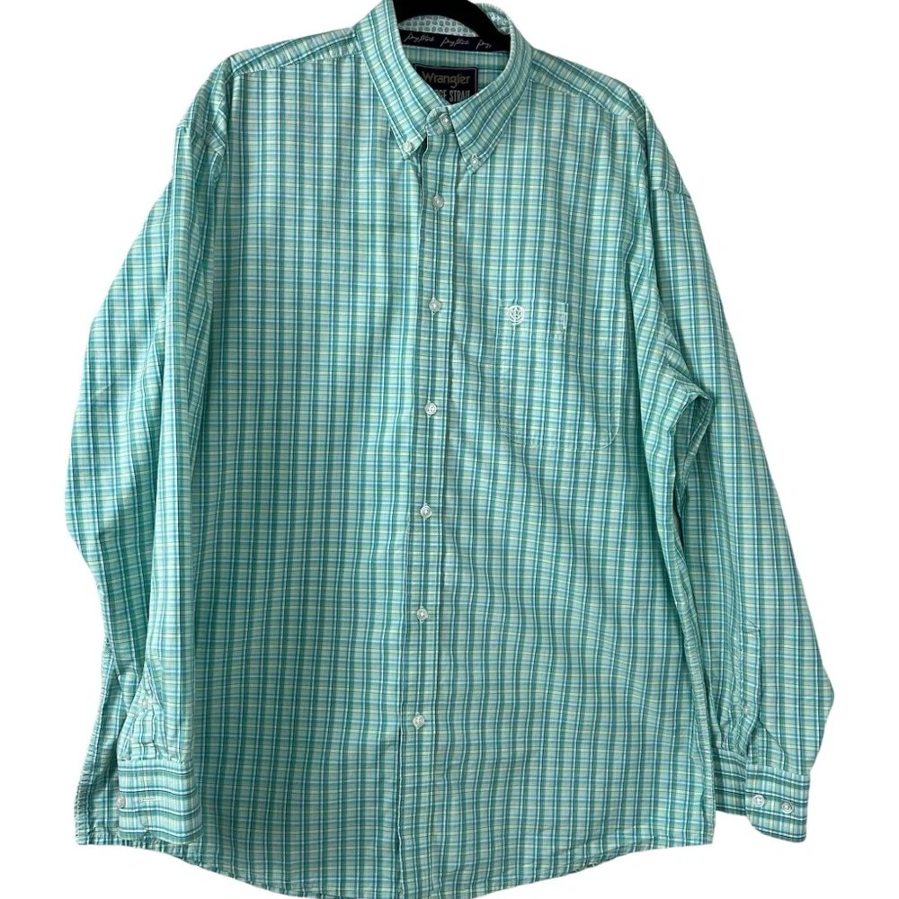 Wrangler George Straight Button Down Turquoise Plaid Contrast Trim Dress Shirt